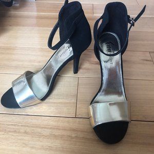 strappy gold and black heels